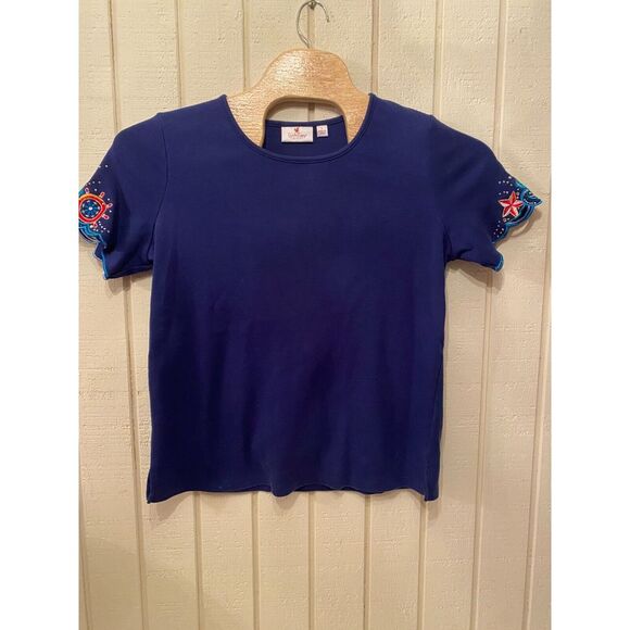 Quacker Factory T-Shirt Women's L Blue Embroidered Bling Sleeves Crew Neck - Picture 1 of 9